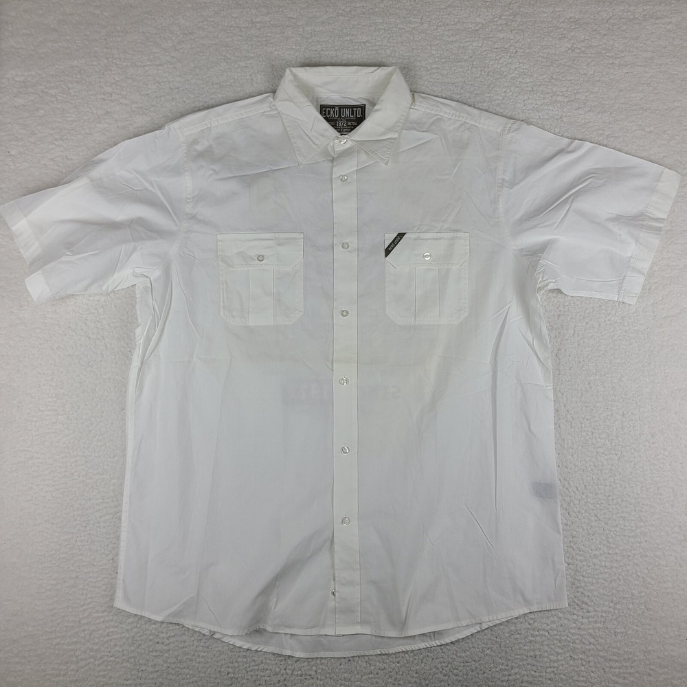 Ecko Unltd Shirt Mens 2XL XXL White All Over Print Spell Out Loud Button Up